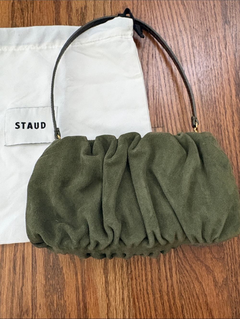 STAUD Olive Green Suede Ruched bag - Picture 2 of 4